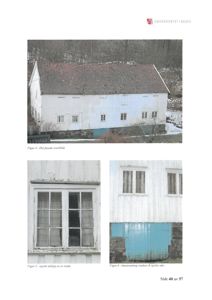 Fotografier av en hvit, langbygget bygning med skifer- eller tegltekking, sett fra øst. Bildene viser også detaljer som vinduer og kjellerdører.