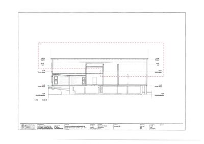 Snittegning (Snitt D) som viser bygningens tverrsnitt, høyder, grunnflater og konstruksjonsdetaljer.