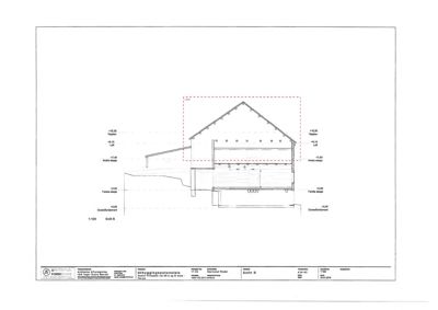Snittegning (Snitt B) som viser bygningens tverrsnitt, høyder, takform og grunnfot.