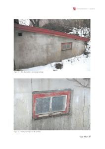 Fotografier av en betongvegg med riss og sprekker, inkludert et nærbilde av et vindu.