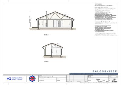 Snittegning av en bygning, merket som Snitt A1 og Snitt B, med mål og merknader.