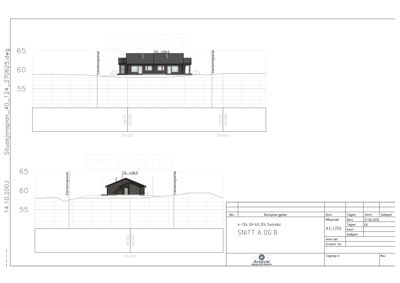 Snittegning (SNITT A OG B) som viser bygningens tverrsnitt med høydeangivelser og grunnplan.