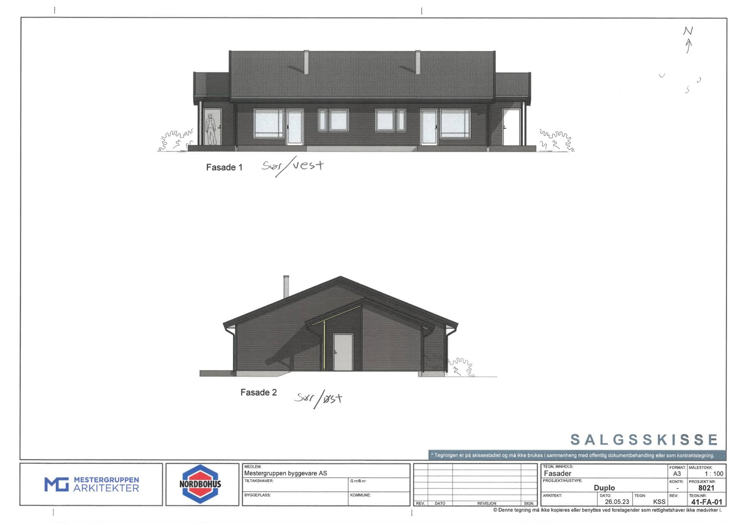 Fasadetegning som viser front- og sideutsikt av et hus med håndskrevne notater.