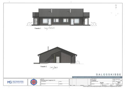 Fasadetegning som viser front- og sideutsikt av et hus med håndskrevne notater.