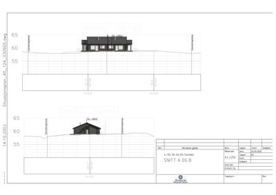 Snittegning (SNITT A OG B) som viser bygningens tverrsnitt med høydeangivelser og terrengforhold.