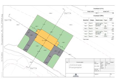 Situasjonsplan som viser tomtens grenser, bygningers plassering og arealoppdeling.