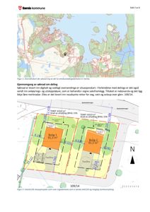 Bildet viser to typer kart fra en byggesak: øverst et oversiktskart (situasjonsplan) som viser plassering av eiendommer i et større område, og nederst en detaljert situasjonsplan med tomtegrenser, bygningsspor og utnyttelsesprosent.