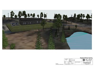 3D-visualisering (rendering) av en planlagt bygning sett fra utsiden, inkludert omgivelser som trær, parkeringsplass og vann.