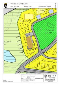 Situasjonsplan (kart) som viser tomtens grenser, nabotomter, høydeforhold (konturlinjer) og plassering av bygninger.