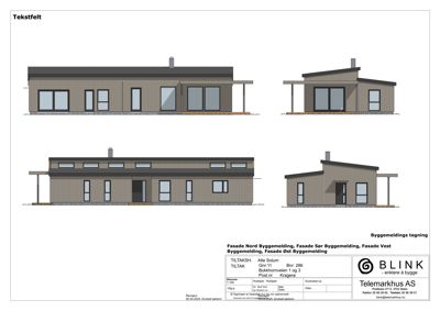 Fasadetegning som viser bygningens utseende fra fire ulike vinkler (Nord, Sør, Øst og Vest).