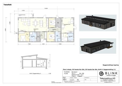 Etasjeplan (1. etasje) med romfordeling, dimensjoner og en 3D-fasadevisualisering samt et snitt.