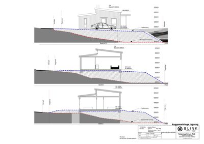 Snittegning (Snitt A, B og C) som viser bygningens tverrsnitt, høyder, terrengforhold og grunnkonstruksjon.