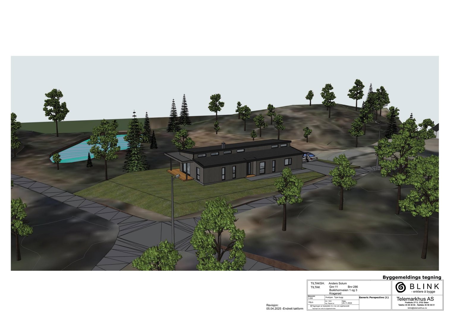 3D-visualisering (rendering) av en planlagt bygning sett fra et vinklet utsyn, inkludert omgivelsene som trær, vei og terreng.