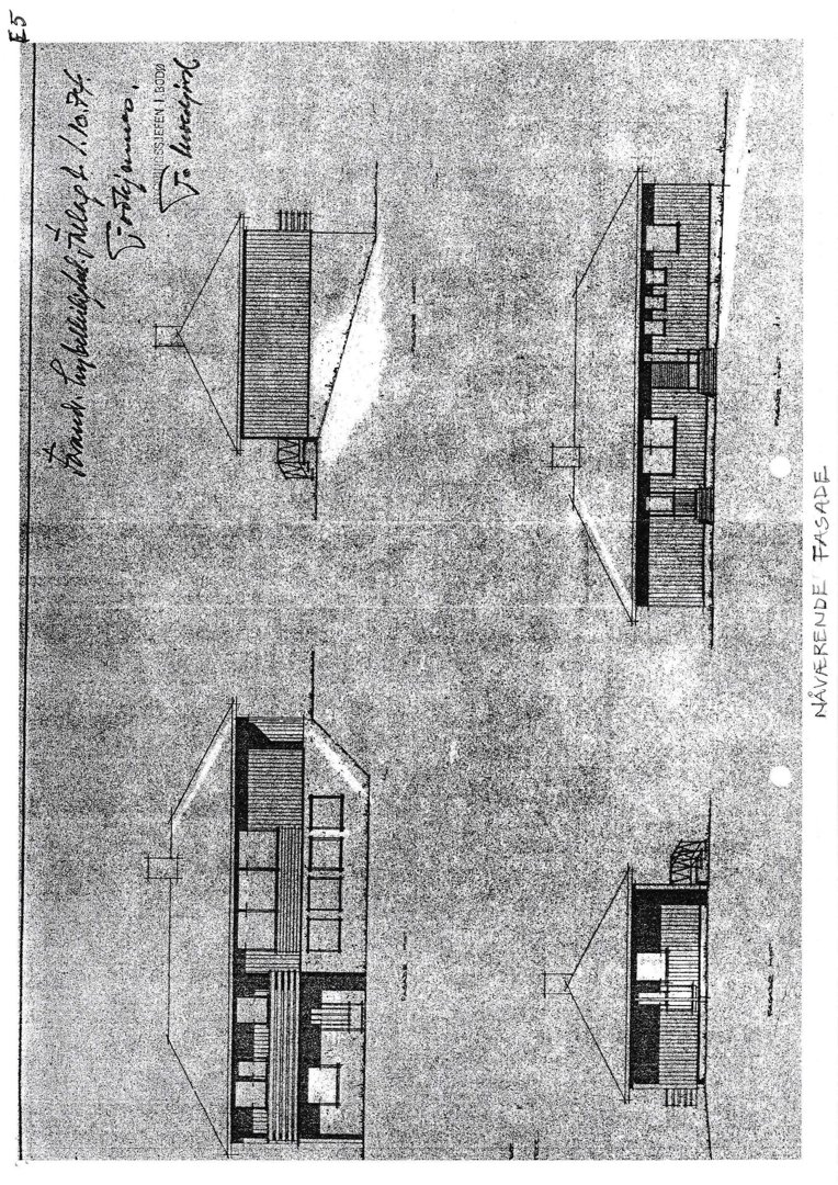 Tegning som viser nåværende fasade på en bygning med oppriss av front og sidevegg.