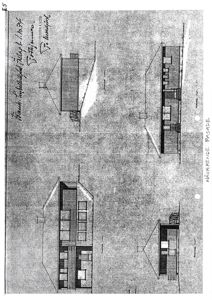 Tegning som viser nåværende fasade på en bygning med oppriss av front og sidevegg.
