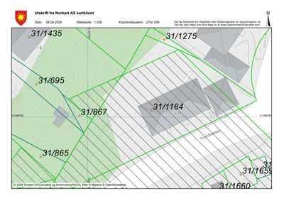 Situasjonsplan som viser tomtegrenser, høydeforhold (konturlinjer) og bygningsplasseringer.