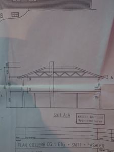 Snittegning (Snitt A-A) som viser bygningens tverrsnitt, takkonstruksjon og høyder.