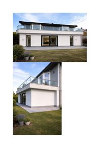 Fotografier av en moderne villa sett fra utsiden, med en fasade og en sidevegg.