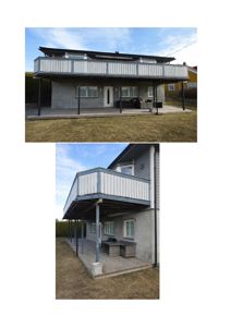 To fotografier av en bolig med en hevet balkong og en terrasse under. Bildene viser fasaden og bygningens plassering i forhold til grunnen.