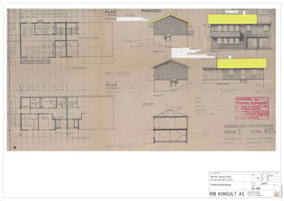 Bildet viser en arkitekttegning med etasjeplaner (PLAN 1. ETASJE) og fasadetegninger for en bygning.