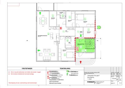 Etasjeplan (1. etasje) som viser romfordeling, arealer og brannkonsept for en bolig.