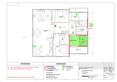 Etasjeplan for 2. etasje med romfordeling, brannkonsept og teknisk detaljering.