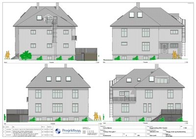 Fasadetegning som viser bygningens utseende fra fire ulike vinkler (Nord, Øst, Sør, Vest) med mål og detaljer.
