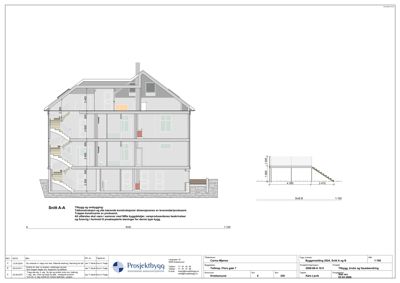 Tegning som viser et tverrsnitt (Snitt A-A) av en bygning, inkludert romfordeling, høyder og trappetrinn.