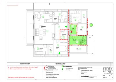 Etasjeplan med romfordeling, arealer og brannkonsept (rødt og grønt).
