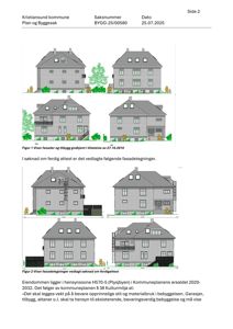 Bildet viser fasadetegninger for en bolig. Det er to sett med tegninger: Figur 1 viser fasader og tilbygg godkjent i 2010, mens Figur 2 viser fasadetegninger vedlagt søknad om ferdigattest. Tegningene illustrerer bygningens utseende fra ulike vinkler.
