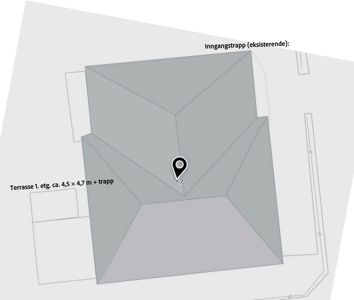 3D-visualisering av en bygning sett fra oven (top-down view), som viser takform, terrasser og inngangstrapp.