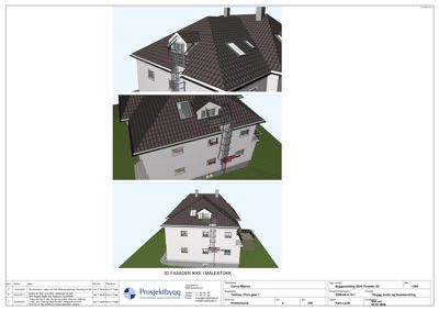 Tre 3D-visualiseringer av fasaden på et hus, vist fra ulike vinkler.