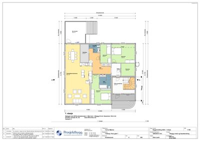 Etasjeplan for 1. etasje som viser romfordeling, mål og areal.