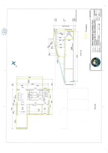 Bildet viser en tegning med etasjeplan (Plan 1.etg) og snittegning (Snitt A-A) for en ombygging av en bolig.