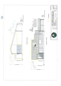Fasadetegning som viser bygningens utseende fra to sider (vest og nord) med mål og detaljer.
