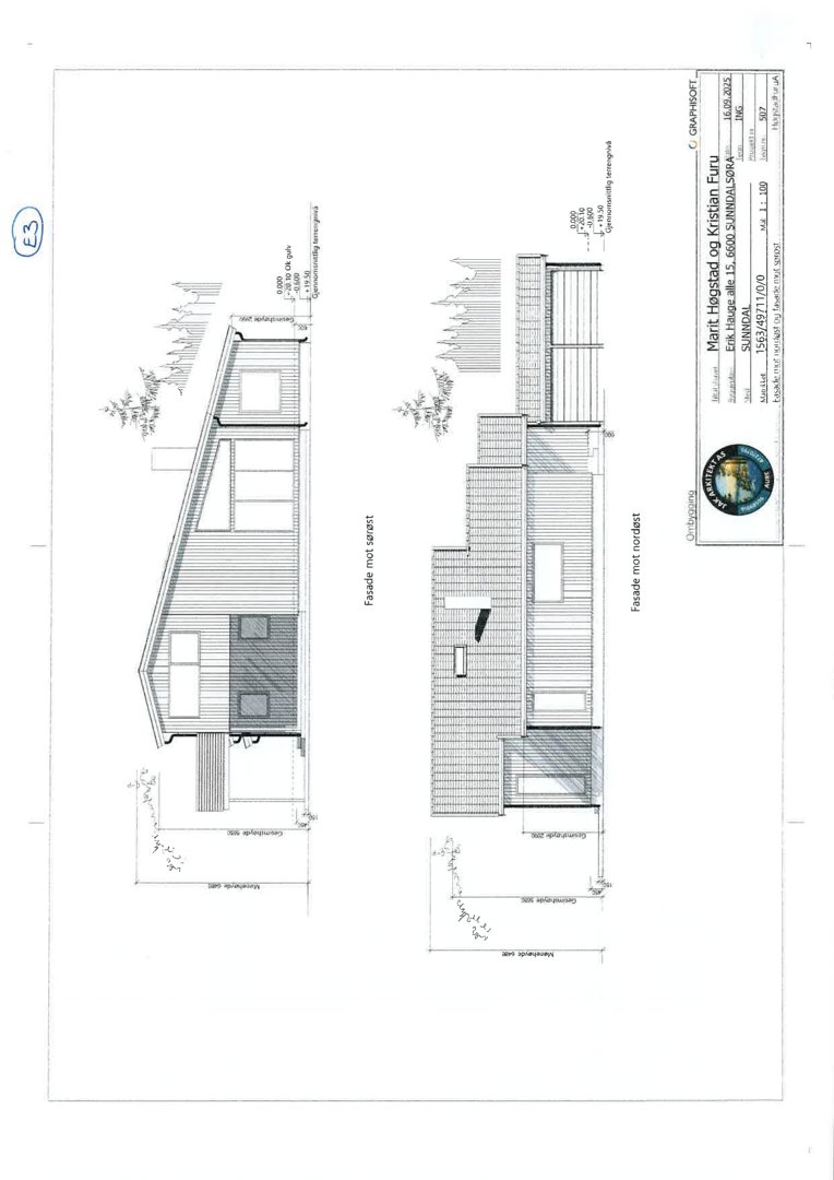 Fasadetegning som viser bygningens utseende fra to sider (mot sørøst og mot nordvest) med mål og detaljer.
