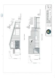Fasadetegning som viser bygningens utseende fra to sider (mot sørøst og mot nordvest) med mål og detaljer.