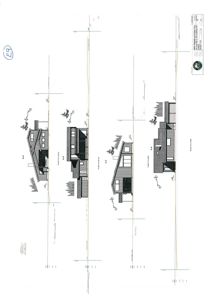 Fasadetegning som viser bygningens utseende fra ulike vinkler (for- og bakside) med detaljer om takform, vinduer og fasadematerialer.
