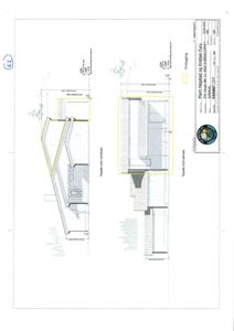 Fasadetegning som viser bygningens utseende fra to vinkler (mot nordvest og mot sørvest) med mål og detaljer.