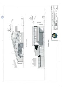 Fasadetegning som viser bygningens utseende sett fra nordvest og sørøst.