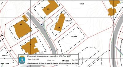 Situasjonsplan som viser tomtene, bygninger og infrastruktur i et område.