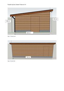 Bildet viser fasadetegninger for en bod, med oppriss av vest- og sørsiden inkludert mål på høyde og bredde.