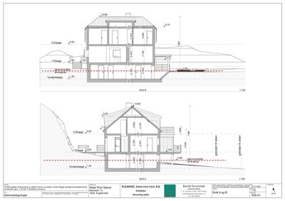 Snittegning (Snitt A og B) som viser bygningens tverrsnitt, høyder, etasjer og grunnforhold.