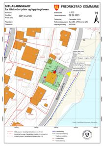 Situasjonskart som viser tomtens beliggenhet, grenser, nabolag og planlagt tiltak.