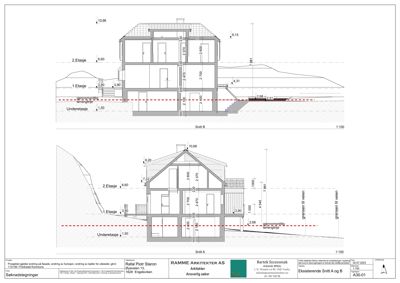 Snittegning (Snitt A og B) som viser bygningens tverrsnitt, høyder, etasjer og grunnplan.