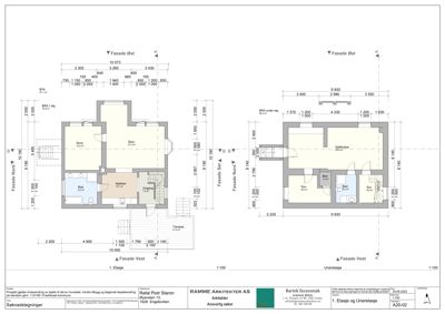 Etasjeplaner (1. etasje og underetasje) med romfordeling, mål og fasadeoppsett
