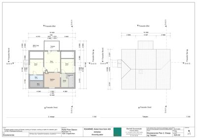 Etasjeplaner (2. etasje og takplan) med romfordeling, mål og fasadevisninger.