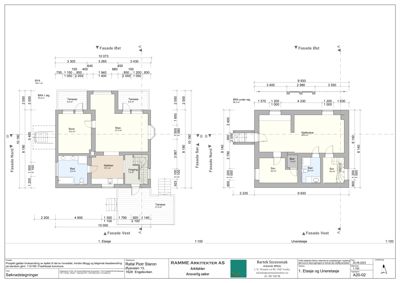 Plantegning som viser romfordeling og dimensjoner for 1. etasje og Uneretasje.