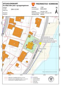 Situasjonskart som viser tomtens beliggenhet, nabotomter, eksisterende bygninger, planlagt inngrep (grønn farge) og tekniske grenser.