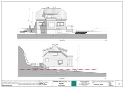 Fasadetegning som viser bygningens utseende fra sør og øst, med mål og høyder.